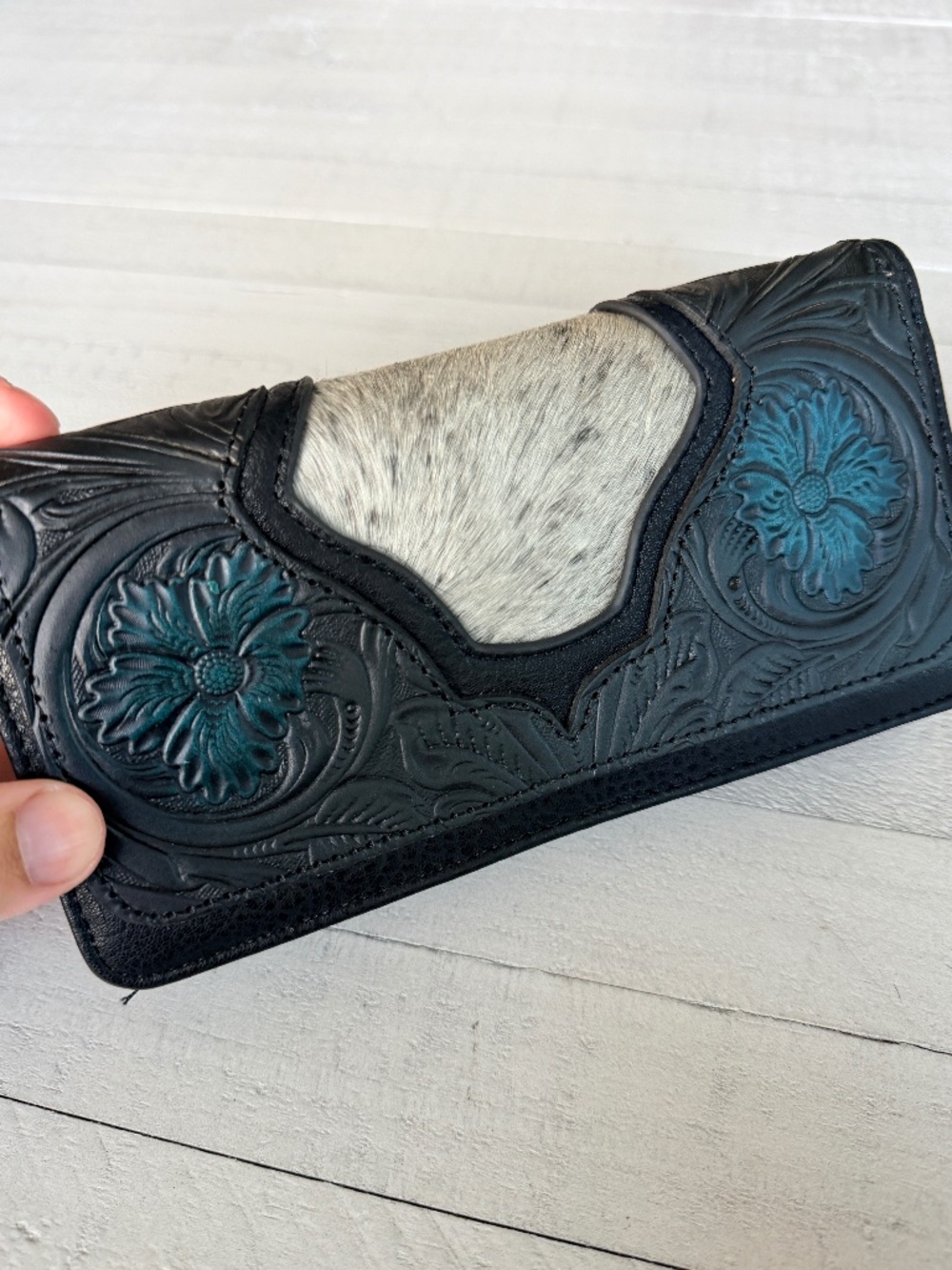 Trinity Ranch Floral Tooled and Hair-On Cowhide Collection Wallet Black